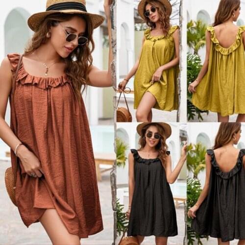 Womans Summer Black Sleeveless Loose Solid Color Ruffle Neck Casual Ruffles Vacation Beach Dress Basic Backless Mini Dresses