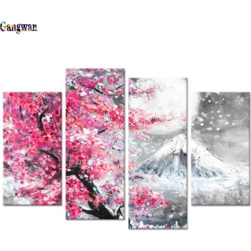 Full square Round drill sakura DIY diamond painting Cross Stitch 4pcs 5D Diamond embroidery Mount Fuji mosaic rhinestones decor