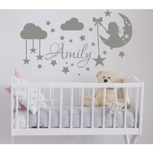 Custom Baby Girls Name Cartoon Moon And Stars Wall Sticker Clouds Nursery Decor Decals Vinyl Art Home Decoration Kids Room S182