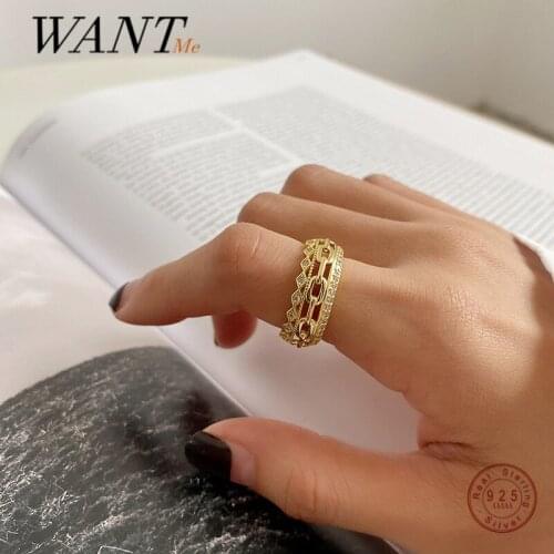 WANTME Genuine 925 Sterling Silver Korean Double Layer Cuban Link Chain Luxury Zircon Ring for Women Wedding Engagement Jewelry