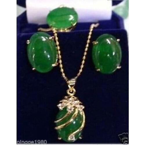 Jewelry Exquisite green jade pendant Necklace ring earring/set