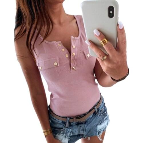 Women Sexy Solid Color V Neck Sleeveless Buttons Ribbed Slim Blouse Top Vest Short Sleeve Button Vest Halter Casual