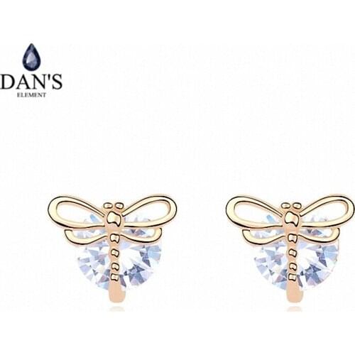 DANS ELEMENT 3 Colors Real Big Brand AAA Zirconia Micro Inlays Dragonfly Stud Earrings for Women Insect 98428white