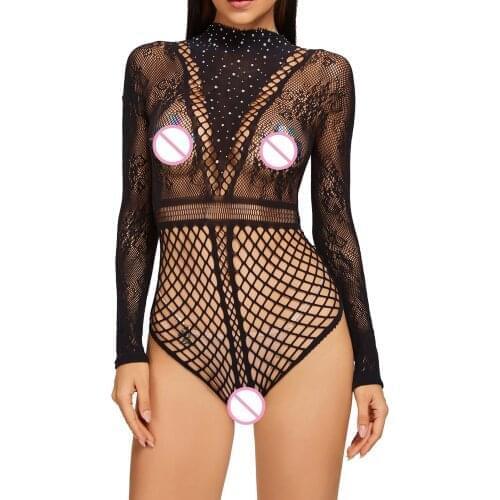 Women Sexy Hollow Out Fishnet Bodysuit Ladies Rhinestone Decor Nightwear Swimwear See-through Mesh Long Sleeve Leotard Jumpsuit