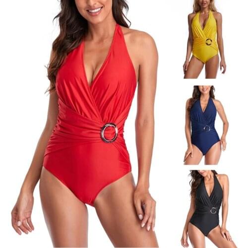 Womens Sexy Deep V Neck One-Piece Halter Bikini Ruched Buckle High Waist Swimsut