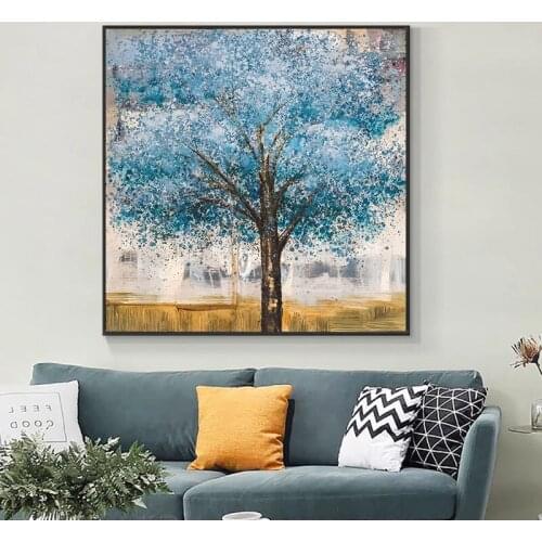 100% Hand Painted Modern Decorative Oil Painting Blue Tree Painting Without Frame Wall Art Pictures For Living Room Decoration