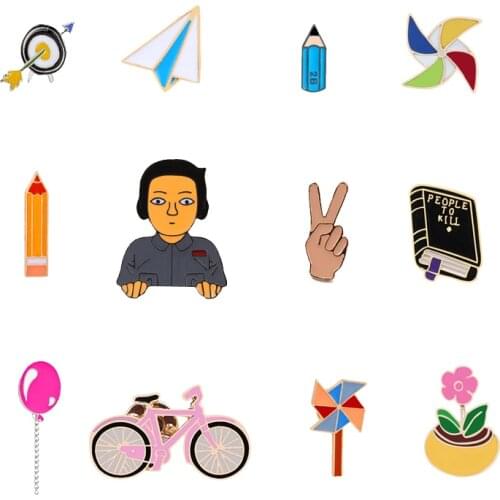 Cute Brooches For Girls Boy Enamel Pins Airplane Pencil Book Balloon Windmill Flower Badge Jewelry Denim Jackets Shirt Laple Pin