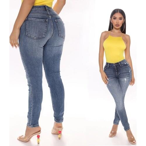 Pencil Pants Ripped Tight Skinny Womens High Stretch Denim Trousers Hole Casual Slim Dark Blue High Waist Vintage Female Jeans