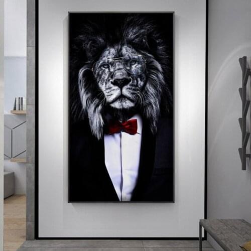Black Wild Lion in a Suit Canvas Art Posters And Prints Abstract Lion Smoking a Cigar Canvas Paintings On the Wall Art Pictures