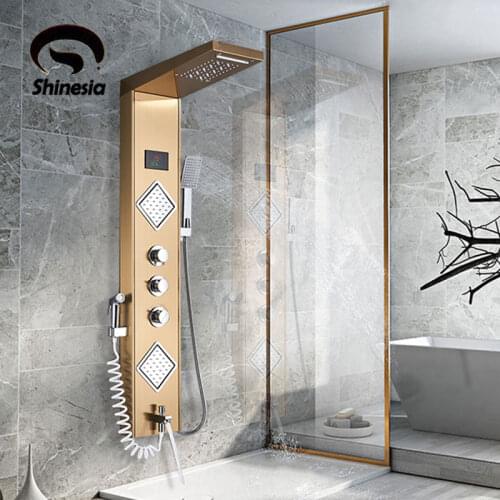 Stainless Steel Waterfall Rain Shower Panel W/ Massage System Tub Spout W/ Handshower Shower Column Gold or burshed black