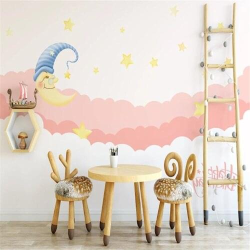 Milofi wallpaper hand-painted pink moonlight starry sky childrens room princess room bedroom background wall painting