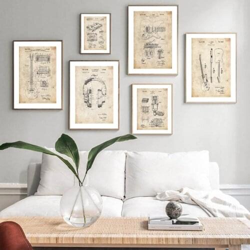 Guitar Patent Music Recording Headset Nordic Vintage Poster Wall Art Print Canvas Painting Decoration Pictures For Living Room