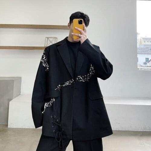 The new 2021 spring and autumn black fashion spliced sequins blazer mens tie strap design suit youth