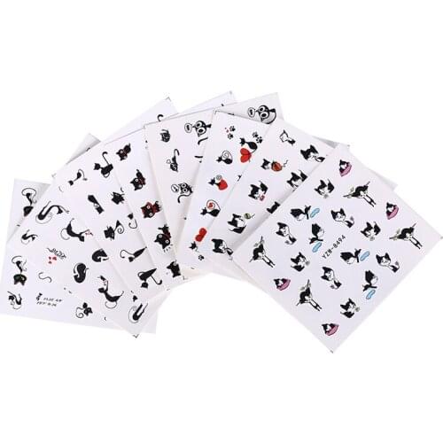 5 Designs Cute Cat Pattern Stickers On Nails Black Cat Water Tattoo Slider Nail Art Decoration Full Wrap Tips