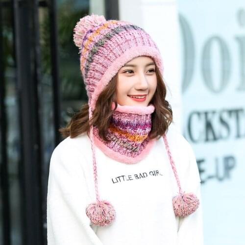New Warm Knit Hat Scarf Set Women Pom Poms Beanie Hat for Winter Autumn Neck Mask Hat For Girls Balaclava Sacrf Skullies Hats
