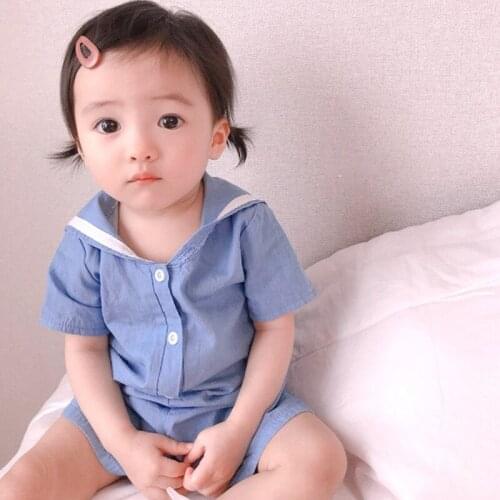 Baby Girls Short Sleeve Military Navy Solid Color Casual Fashion 100% Cotton Rompers Triangle Design Summer Rompers