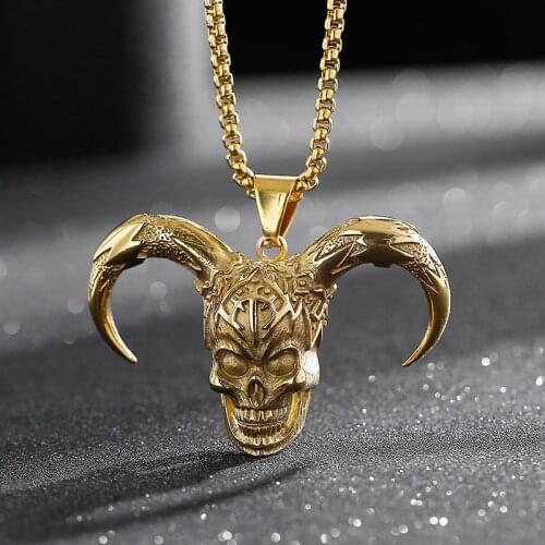 Punk Pendant for Man Retro Skeleton Devil Male Unique Death Horned Skull Necklace Pendant Stainless Steel Gothic Jewelry Gift