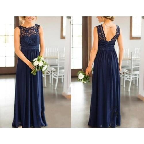 Bridesmaid Dresses 2019 For Weddings Navy Blue Lace Appliques Floor Length Plus Size Formal Maid of Honor Back Less Party Gown