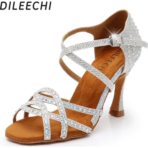 DILEECHI Latin dance shoes women shoes Glitter and Flannel Ballroom dancing shoes woman Party Dance Shoes Salsa shoes silver 9cm