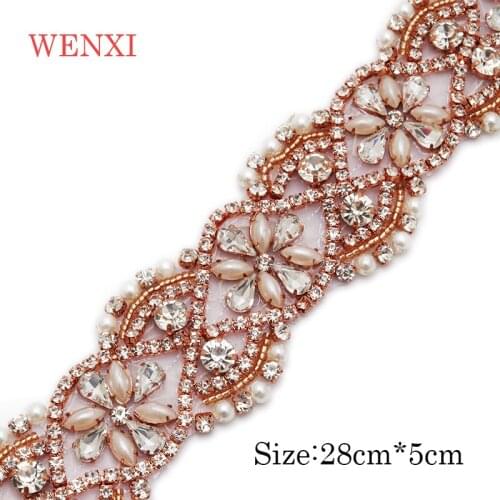 WENXI (30 pcs)Wholesale Hand Beaded Rose Gold Crystal Rhinestones Appliques Sew On Bridal Dress Sash DIY Accessory WX945