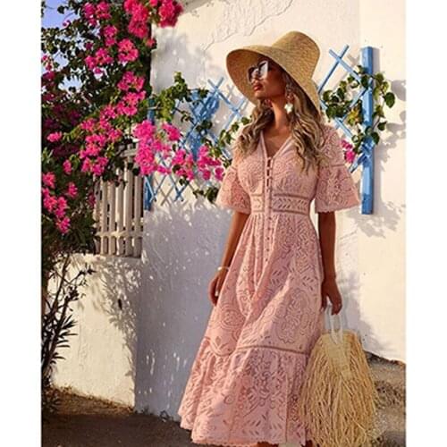 Happie Queens women solid half sleeve beach sexy hollow out Bohemian midi dress Ladies v-neck Boho sundress vestidos