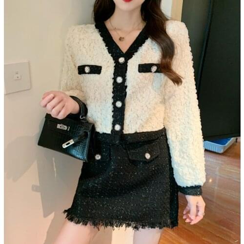 Skirt Suits Elegant Sweet Two Piece Set 2021 New Spring Autumn Vintage Woolen Women 2 Piece Set Short Jacket Coat + Mini Bodycon