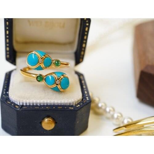Aazuo 18K Rose Gold Natural Turquoise Emerald Real Diamonds Classic Open Ring for Women Senior Banquet Fine Jewelry Au750
