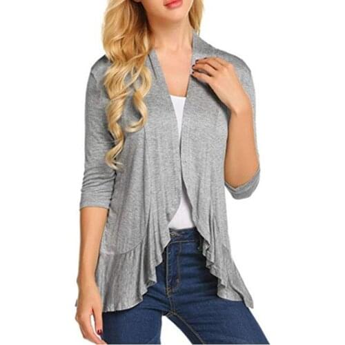 Autumn Hot Sale Womens Casual 3 / 4 Sleeve Coat Fashion Solid Color Suit Collar Ruffle Cardigan