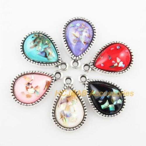 12 New Shivering Resin Pendants Teardrop Mixed Charms Tibetan Silver 13x19.5mm