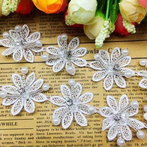 20x White 3D Leaves Pearl Flowers Mesh Lace Trim Ribbon French Fabric Sewing Craft Appliques Wedding Dress Clothes Decoration
