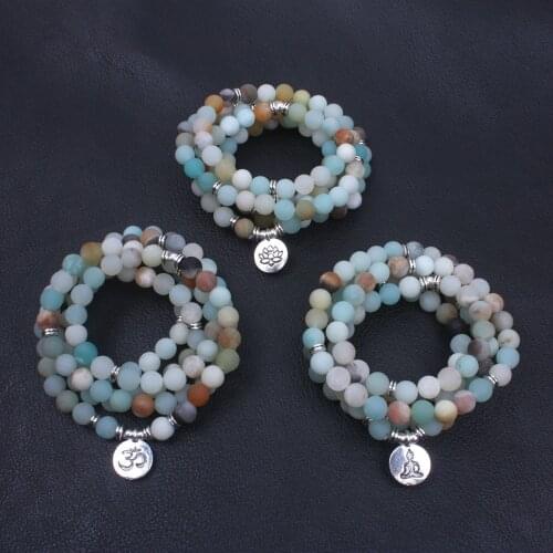 Wholesale 8mm Natural Matte Amazonite Stone 108 Mala Bracelet Yoga Lotus OM Buddha Charm Bracelet Prayer Meditation Necklace