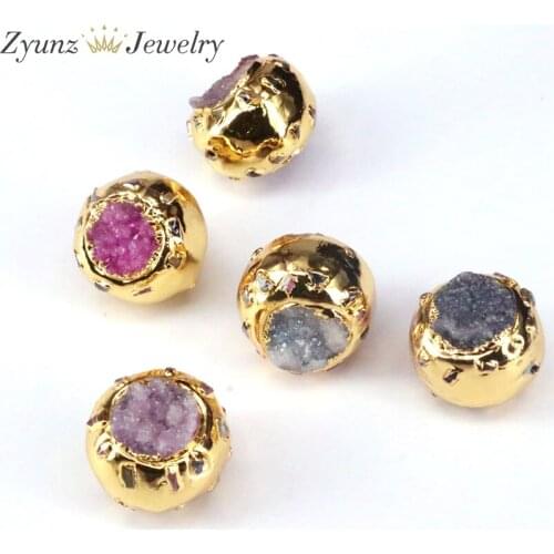 10PCS, Gold Plated Crystal Quartz Stone Spacer Beads, Round Coin Gems Connector for Jewelry Making