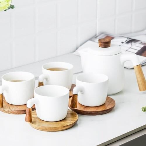 Japanese Style Tea Set Wooden Handle Ceramic Tea Pot Thickened High Borosilicate Glass Transparent Heat Resistant Tea Pot