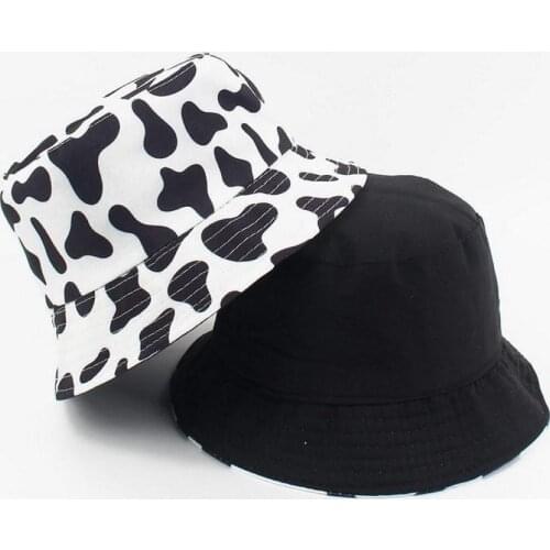 Women Cute Cow Panda Print Outdoor Double-Sided Reversible Bucket Cap Sun Hat