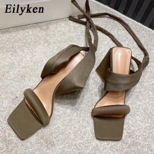 Eilyken Newest Gladiator Sandals Women 2021 Fashion Silk Cross Strap Strange High Heels Pumps Square Toe Lace-Up Female Shoes
