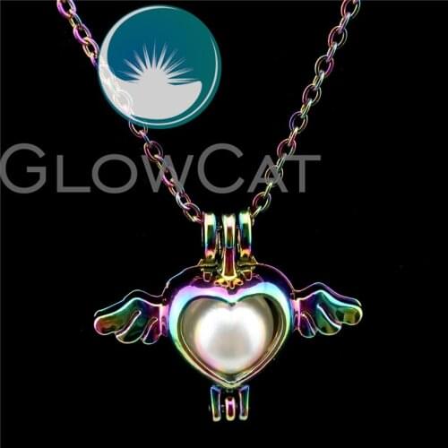 GLOWCAT C59 Rainbow Color Heart Wings Beads Cage Essential Oil Diffuser Aromatherapy Pearl Cage Locket Necklace