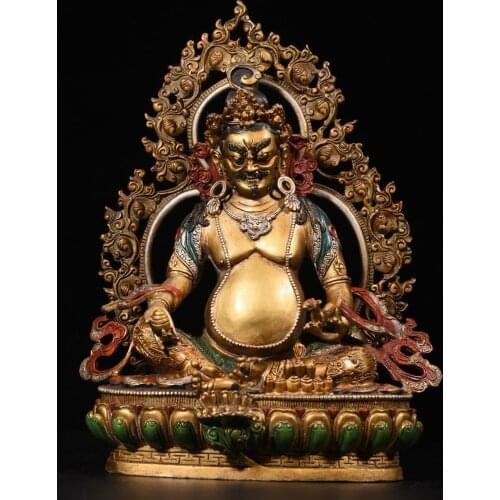 12"Chinese Folk Collection Old Bronze Painted Huang Caishen Yellow God of Wealth Buddha Statue Back light Ornaments Town House