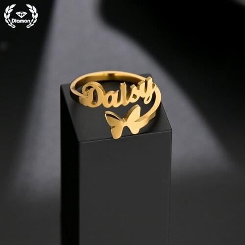 Diamon Personalized Fashion Stainless Steel Ring For Women Girlfriend Custom Name Letter Ring With Butterfly Jewelry Lovers Gift