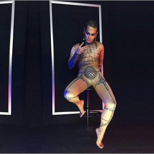 Mens muscular sexy iron chain network printing elastic jumpsuit bar nightclub concert singer dancer costume