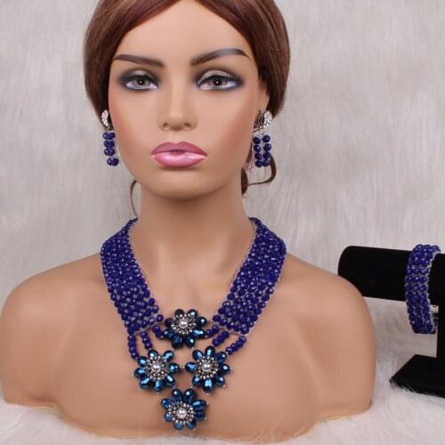 Dudo Necklace Sets Flowers Handmade African Beads Jewelry Sets For Women Royal Blue / Gold Nigerian Bridal Jewellery Set 2020