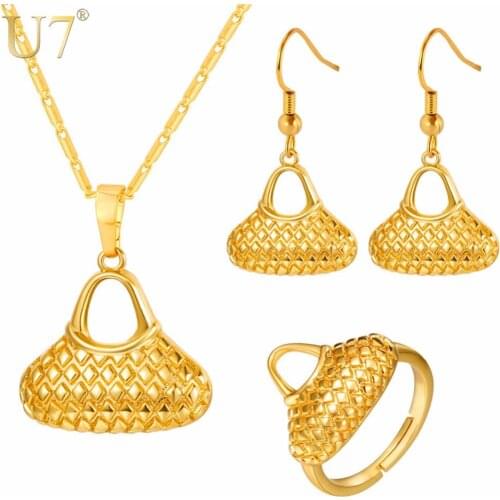 U7 New Gold Color Hand Bag Pendants Necklace Earrings Ring Set Gift Ethnic Bridal Wedding Party Jewelry Sets For Women S1021