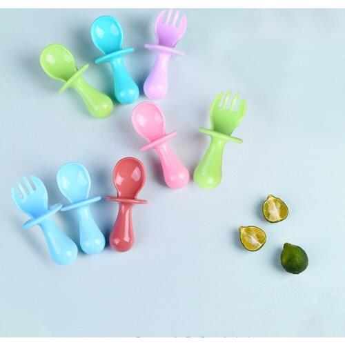 2Pcs/Set Baby Learn Feeding Spoon+Fork Solid Color Food Grade Silicone Non-Slip Kids Tableware Portable Toddler Training Cutlery