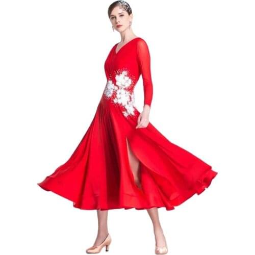 M-1804 Red modern ballroom dance practice dress high-end national standard waltz performance dance dress in autumn and winter