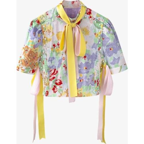 Sweet Boho Bow Tie High Street Idyllic Stand-Up Collar Short-Sleeved Printed Shirt Brand Design New Clothes Women Summer 2021