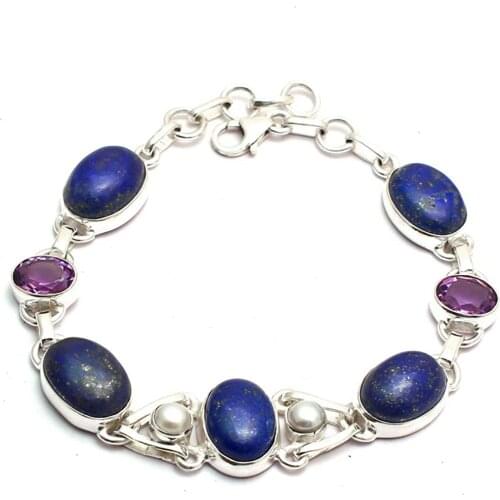 Genuine Lapis Lazuri + Amethyst Bracelet 925 Sterling Silver, 21 cm, GRPB0440