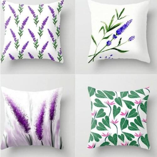 Home Garden Decoration Lavender Cushion Cover Green Plant Leaves Small Fresh Purple Flowers Pillow Case Double Sides Print