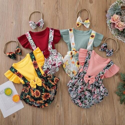 Newborn Infant Baby Girl Floral Ribbed T Shirt Tops Suspender Shorts Outfits Set Sunflower Floral Print Newborn Clothing New