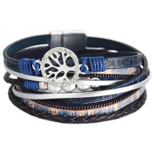 ORNAPEADIA 2021 New Bohemian Ethnic Style Bracelet Multi-layer Winding Leather Tree of Life Lady Pearl Magnetic Clasp Bracelet