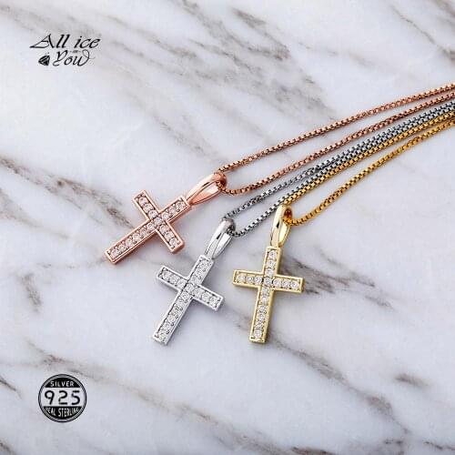 ALLICEONYOU 925 Sterling Silver High Quality Iced Out Cubic Zirconia Square Cross Pendant&Necklace Hip Hop Fashion Jewelry Gift