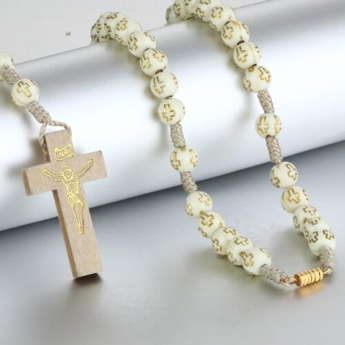 Engraved Cross Plastic Rosary Beads Rope Necklace for Women Statement Religious Jewelry Jesus Pendant Necklace collier Gift CN23